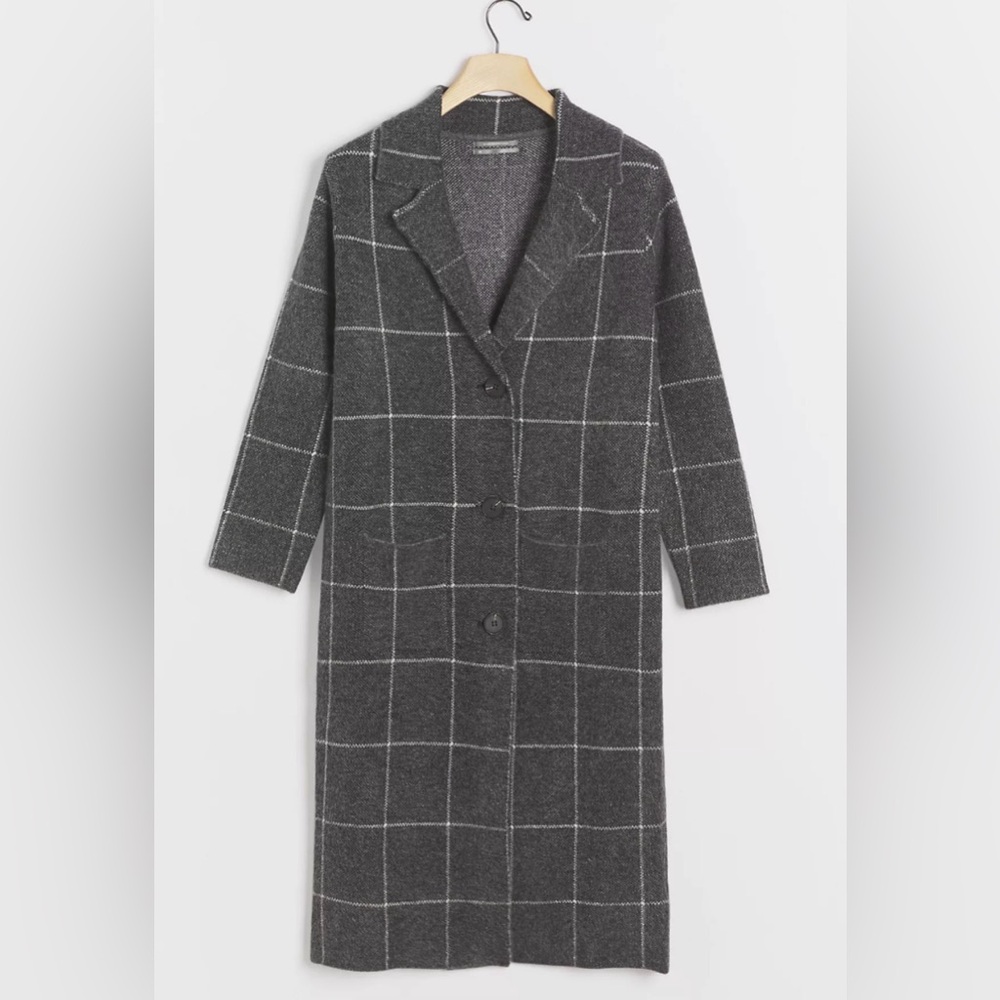 Anthropologie Size XS Solenne Charcoal Gray Windowpane Long Stretch Coat Jacket